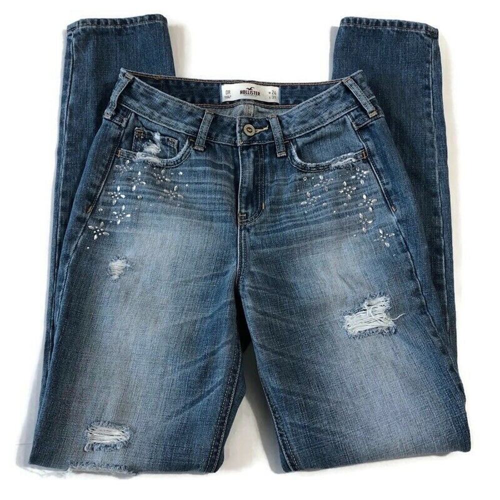 Hollister Womens Jeans Size 0 Mid Rise Skinny Distressed Blue Denim Light Wash